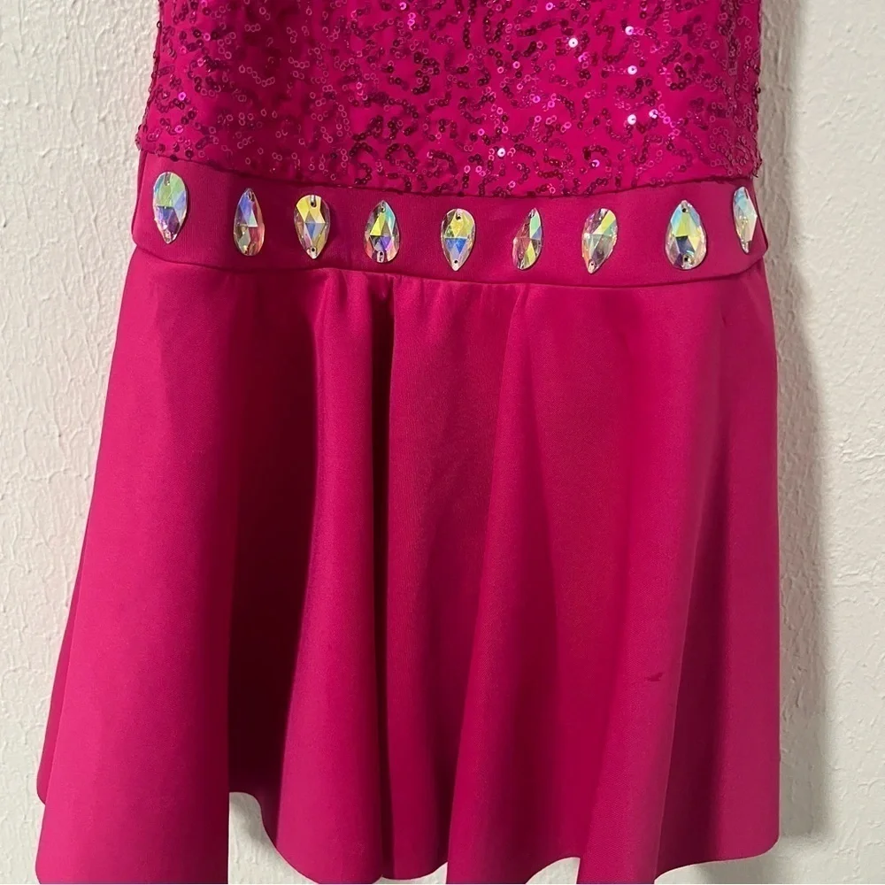 Weissman LC Large (12-14) Pink Sequins & Crystal Dance Costume Halter Neckline